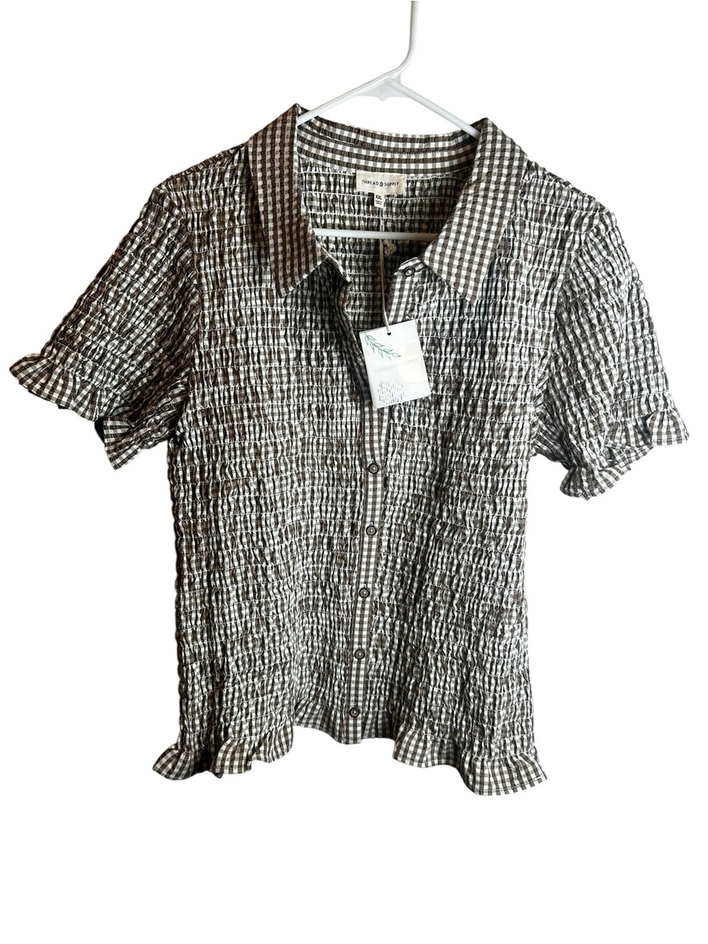 NWT Thread & Supply Top XXL Brown Olive Plaid Gingham Smocked Short Sleeve - Picture 3 of 7